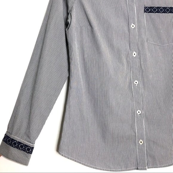 New C Wonder Embroidered Striped Collarless Button Down Shirt Indigo Size XS - Picture 12 of 16